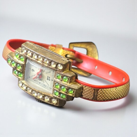 ESCO Other - Vintage ESCO Esko Toy Wrist Watch Red Band Green Rhinestone Novelty 1930s 1940s